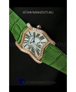 Cartier Tank Folle Ladies Replica Watch in Yellow Gold Case/Green Strap