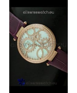 Cartier Replica Watch with Diamonds Embedded Dial Bezel in Gold Case/Maroon Strap