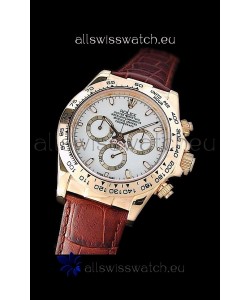 Rolex Daytona Cosmograph Swiss Replica Gold Watch in Brown Leather Strap