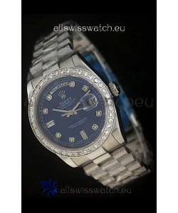 Rolex Day Date Just Japanese Replica Blue Watch in Full Diamond Bezel
