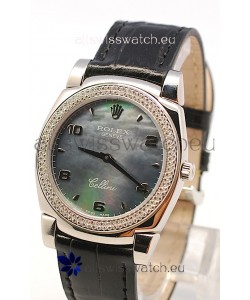 Rolex Cellini Cestello Ladies Swiss Watch in Black Pearl Face Diamonds Bezel 