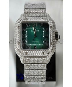 Santos De Cartier Watch in Green Dial MOSSANITES Paved Edition Swiss Replica Watch