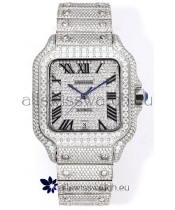 Cartier "Santos De Cartier" Stainless Steel W/ Diamonds Roman Dial 1:1 Mirror Replica - 40MM - Genuine Diamonds