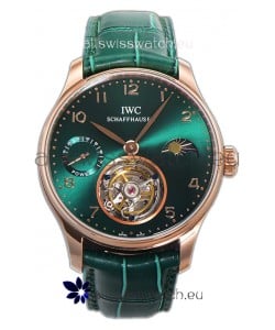 IWC Portugese Hand-Wound Genuine Tourbillon Green Dial Rose Gold Casing Swiss Replica Watch 