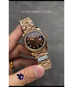 Rolex Day Date Super Clone Rose Gold Brown Dial Diamonds Numerals Watch 36MM - 1:1 Mirror Quality