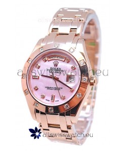 Rolex Day Date Pink Mother of Pearl Japanese Replica Watch in Diamond Markers