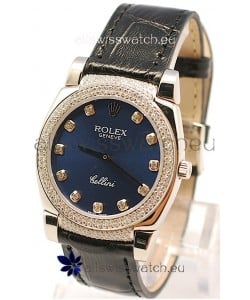 Rolex Cellini Cestello Ladies Swiss Watch in Dark Blue Face Diamonds Bezel and Lugs